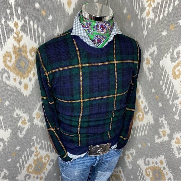 Polo Ralph Lauren Tartan Plaid Merino Wool & Suede Crewneck Sweater - Picture 12 of 16